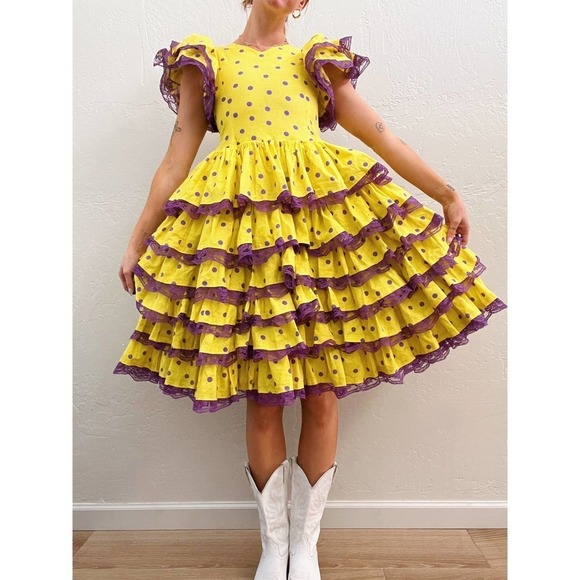 Vintage Dresses & Skirts - Vintage 1970's Yellow Purple Polka Dot Ruffle Lace Tiered Midi Dress